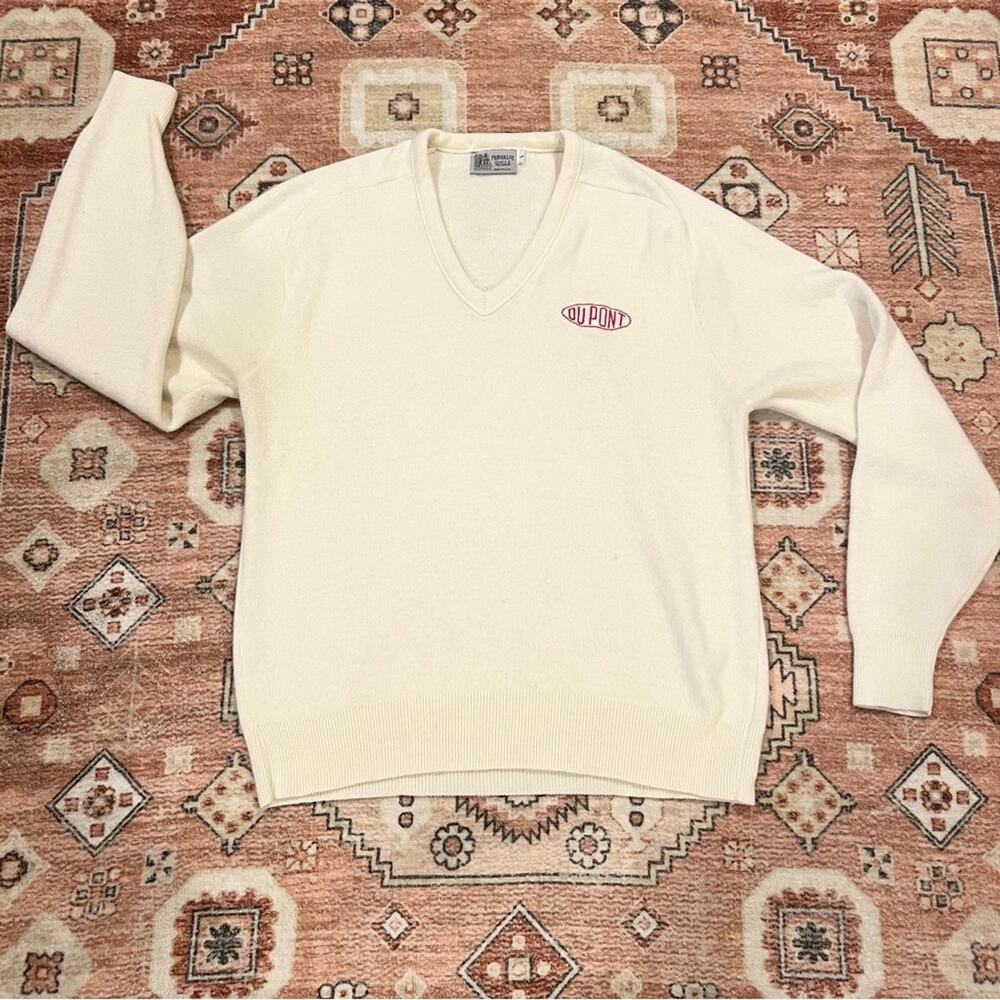 Vintage 80s Dupont Employee Uniform V-Neck Knit Sweater